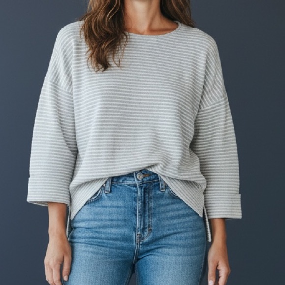 Eileen Fisher Light Gray Striped Crewneck Sweater
